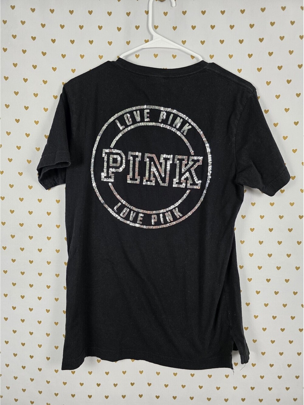 Victorias Secret PINK Silver Bling Logo Short sleeve Black tee shirt xs oversize